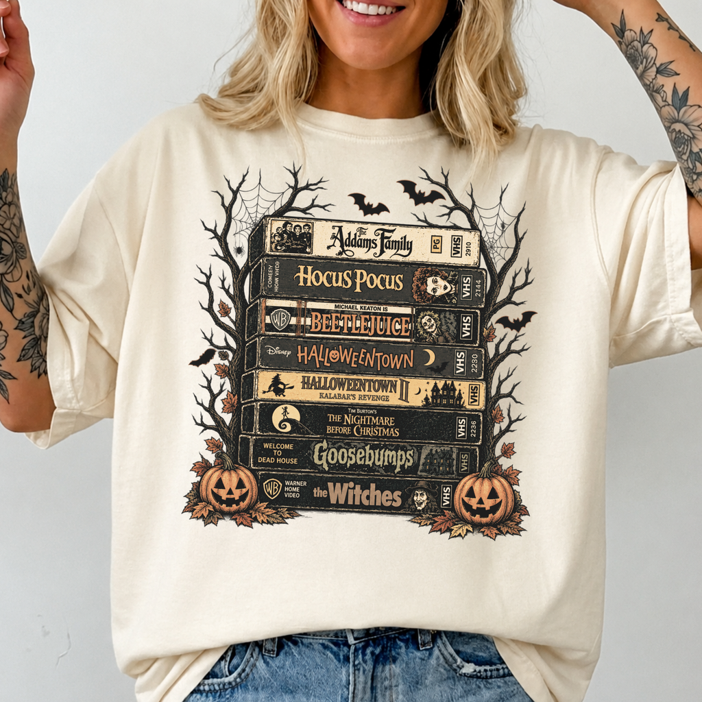 Comfort Colors Vintage Halloween VHS Stack Graphic Tee Shirt