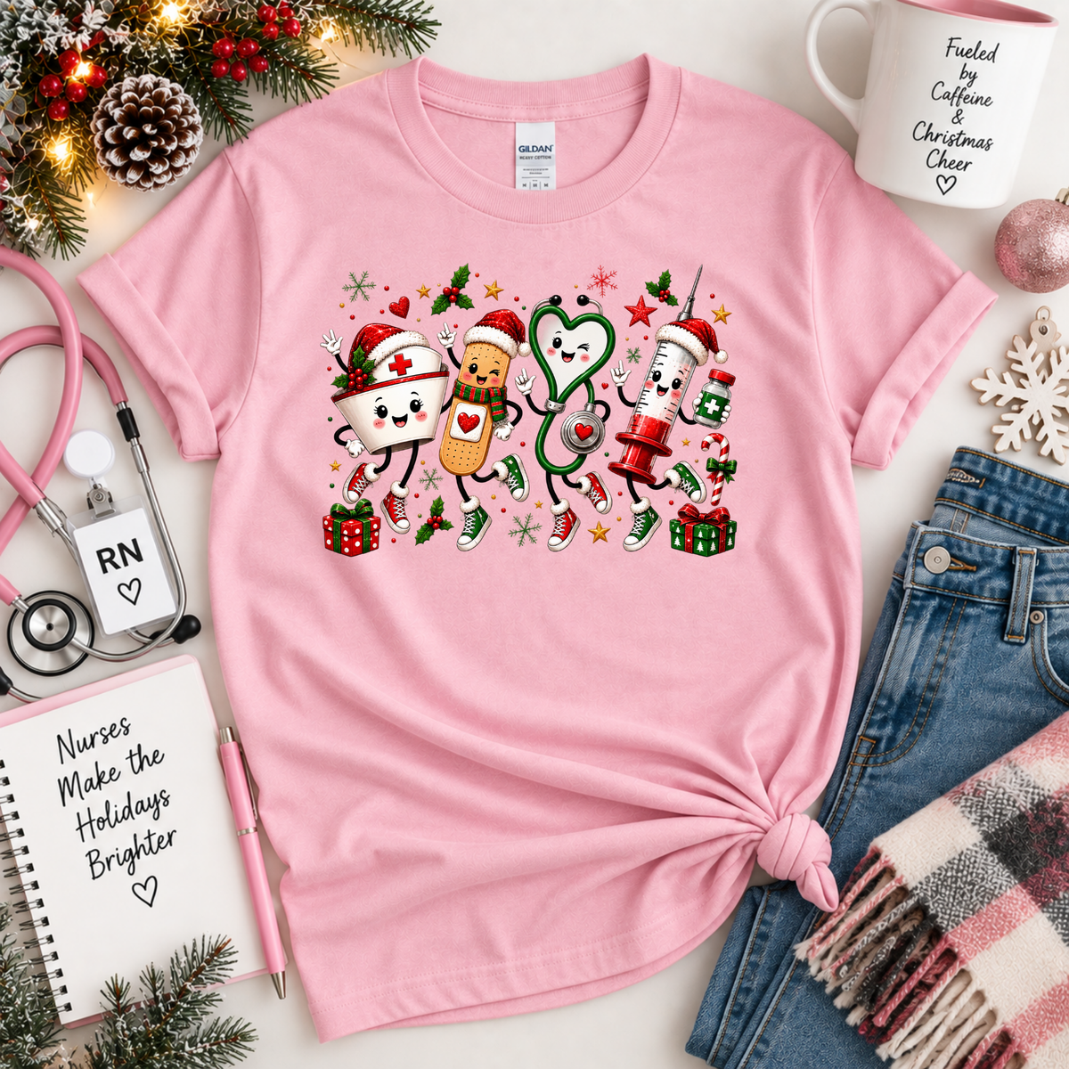 Cute Christmas Nurse Crewneck Sweatshirt, T-shirt with Medical Characters