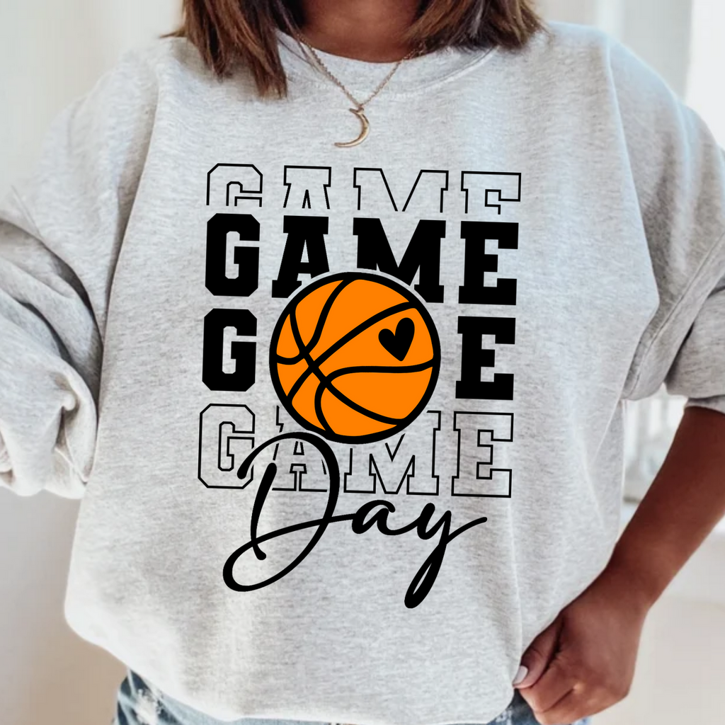 Gray sweatshirt with 'Game Day' and basketball graphic