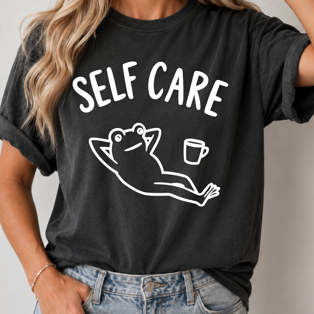 Comfort Colors Self Care Relaxing Frog Coffee Graphic Shirt