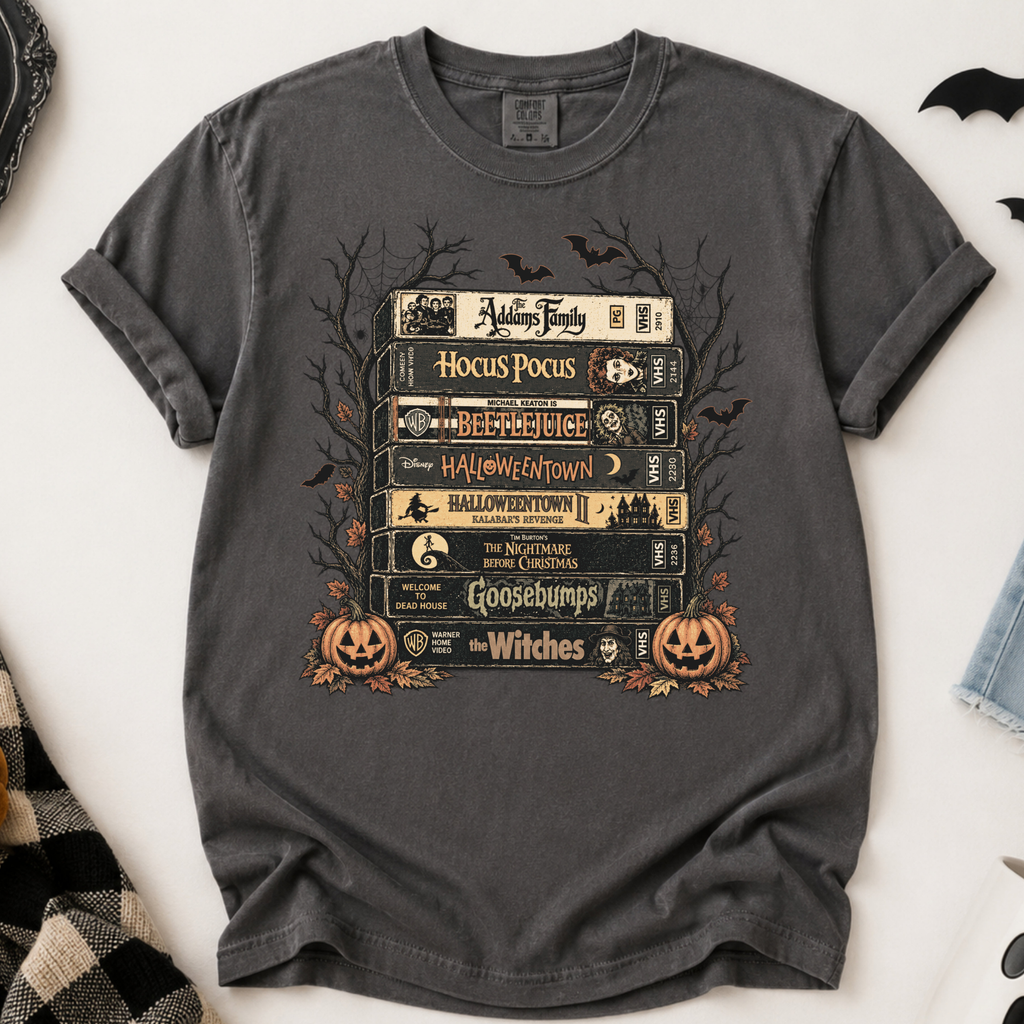 Comfort Colors Vintage Halloween VHS Stack Graphic Tee Shirt
