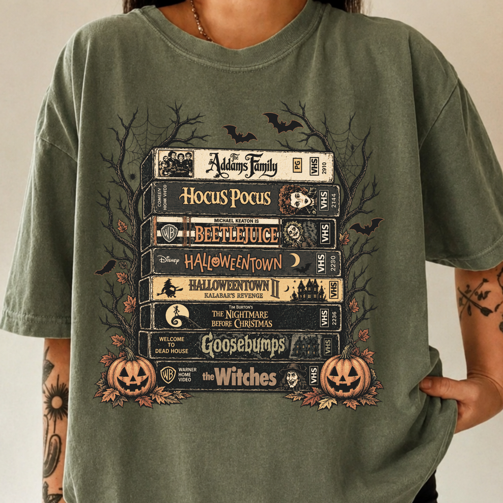 Comfort Colors Vintage Halloween VHS Stack Graphic Tee Shirt