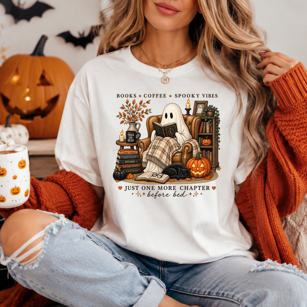 Ghost Reading Book Sweatshirt | Books Coffee Spooky Vibes Shirt | Cozy Ghost Reader Tee