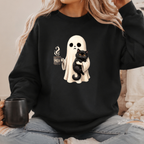 Cute Ghost Hugging Black Cat Shirt – Cozy Halloween Sweatshirt