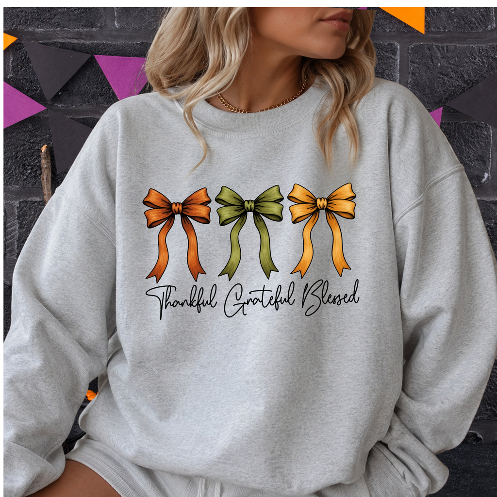 Thanksgiving Shirt-Thankful Grateful Blessed - Coquette Bow Design
