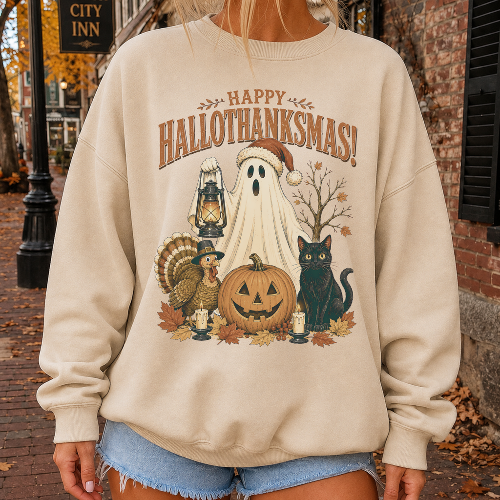 A person wearing a beige crewneck sweatshirt with a 'Happy Hallothanksgiving!' graphic featuring a ghost, turkey, jack-o'-lantern, and black cat, photographed outdoors on a brick street.