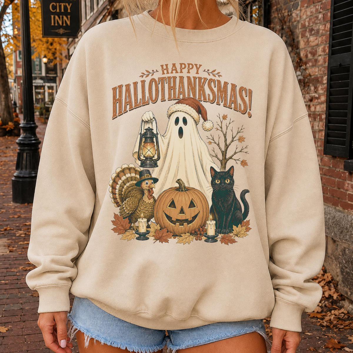 A person wearing a beige crewneck sweatshirt with a 'Happy Hallothanksgiving!' graphic featuring a ghost, turkey, jack-o'-lantern, and black cat, photographed outdoors on a brick street.