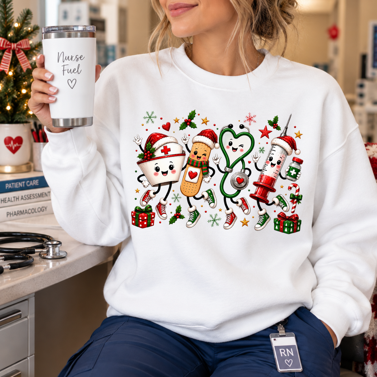Cute Christmas Nurse Crewneck Sweatshirt, T-shirt with Medical Characters