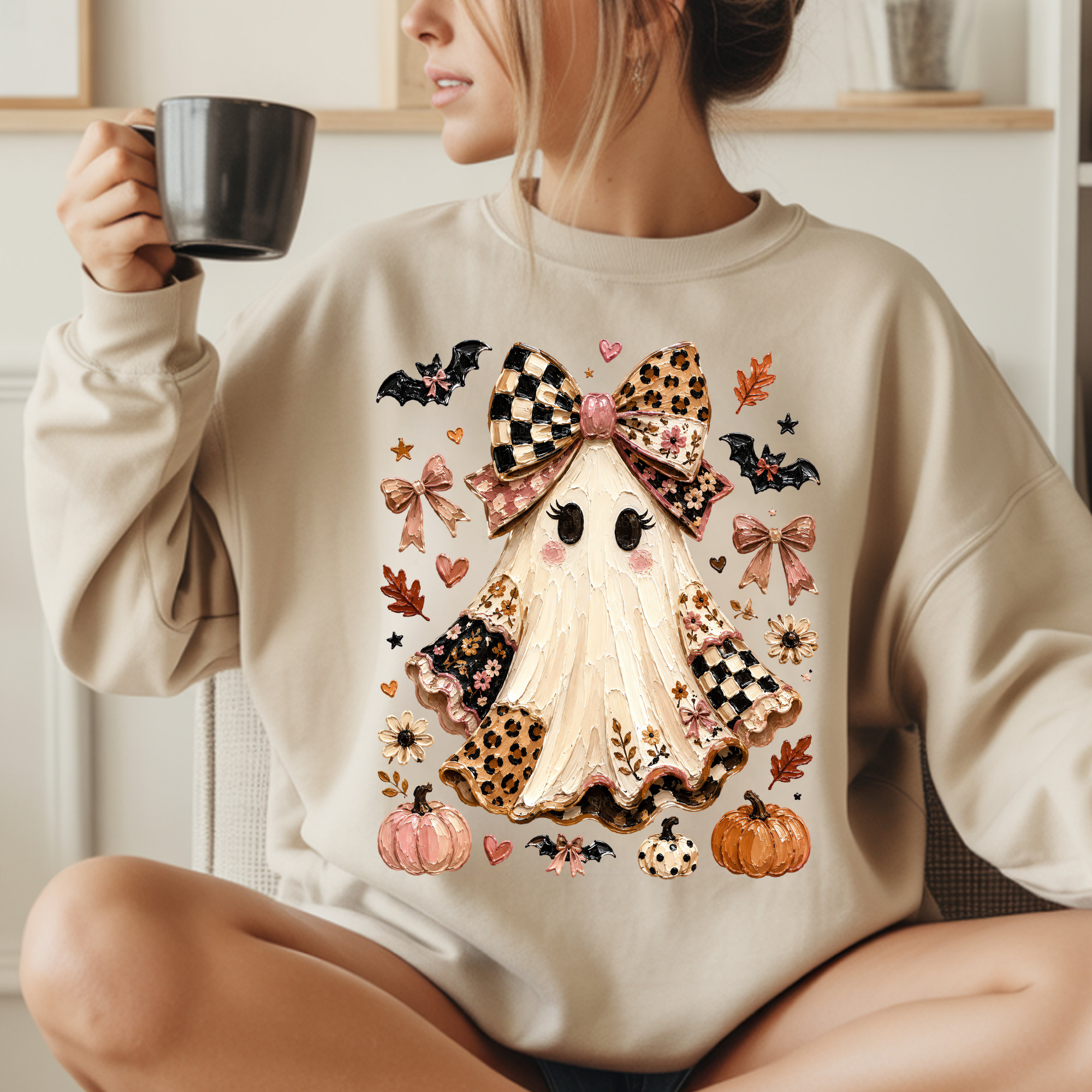 Coquette Halloween Ghost Shirt – Cute Bow & Leopard Fall Graphic Tee