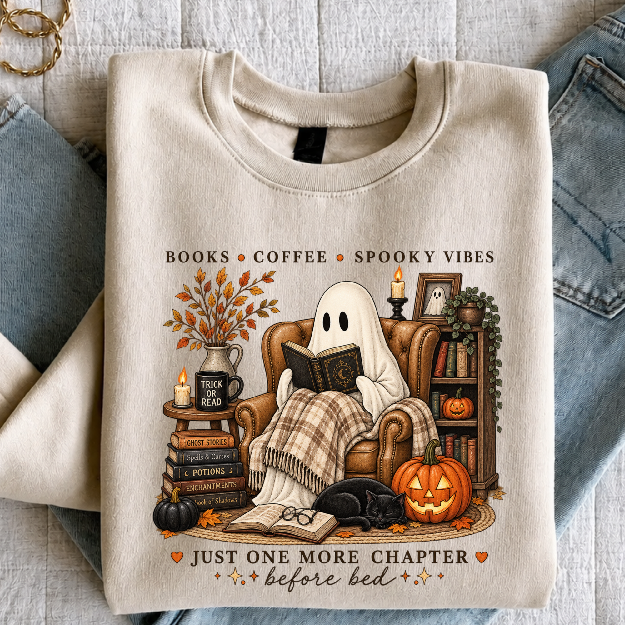 Ghost Reading Book Sweatshirt | Books Coffee Spooky Vibes Shirt | Cozy Ghost Reader Tee