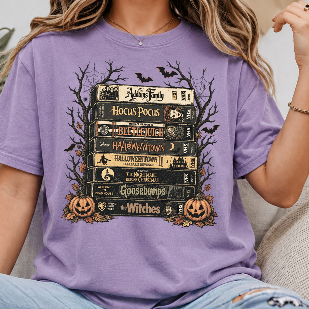 Comfort Colors Vintage Halloween VHS Stack Graphic Tee Shirt