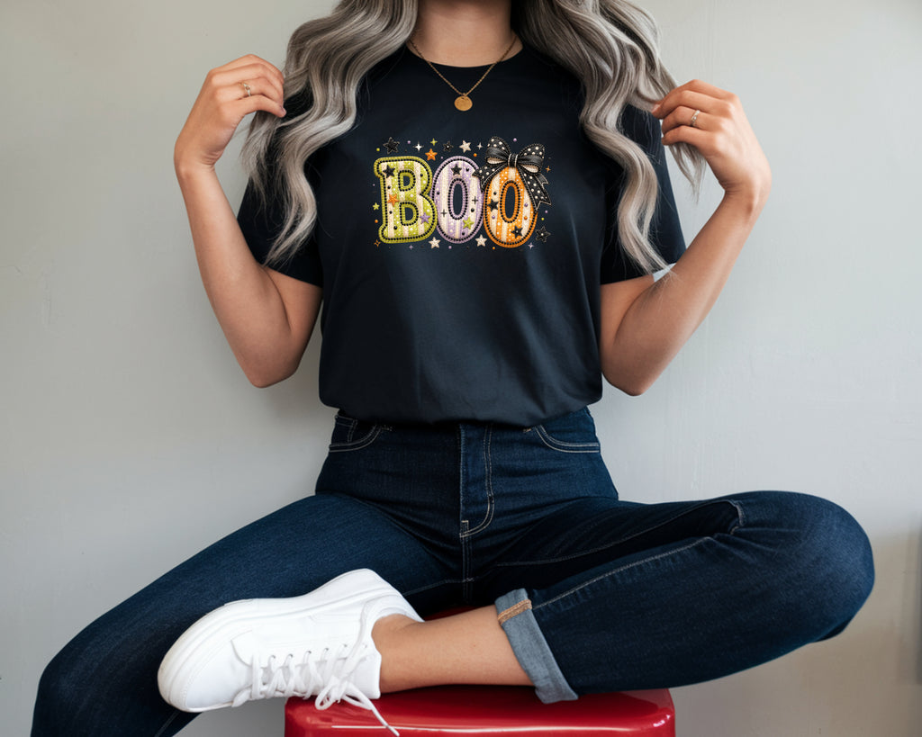 Boo T-Shirt – Cute Patchwork Design for Halloween Fans