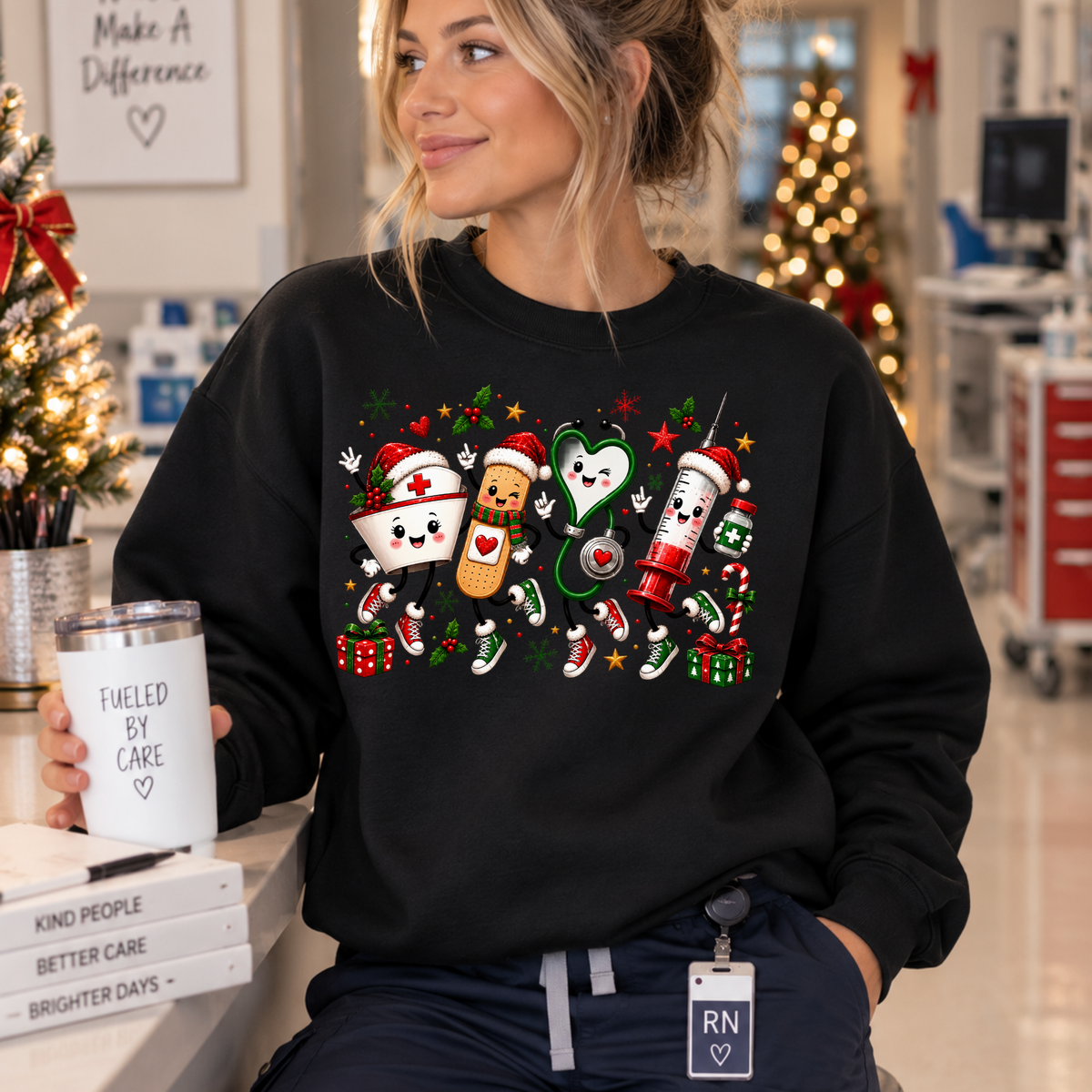 Cute Christmas Nurse Crewneck Sweatshirt, T-shirt with Medical Characters