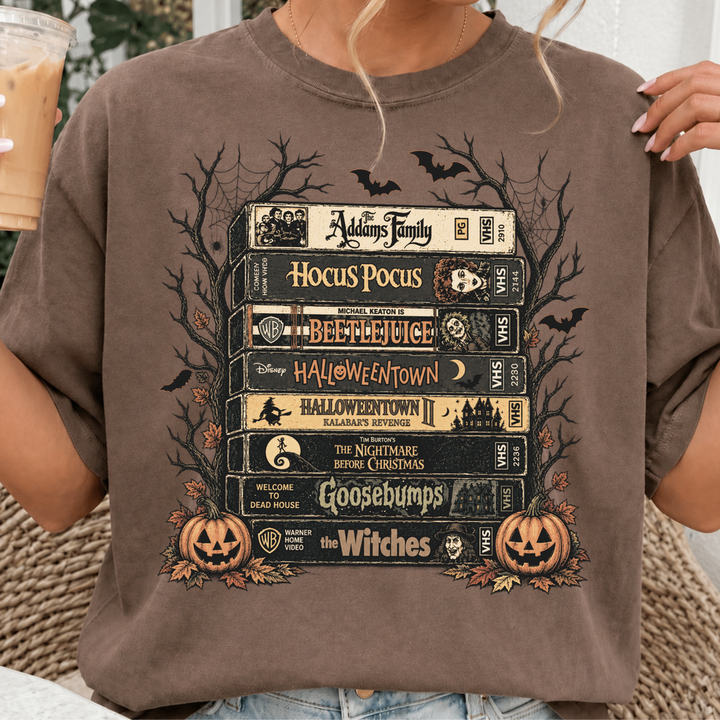Comfort Colors Vintage Halloween VHS Stack Graphic Tee Shirt
