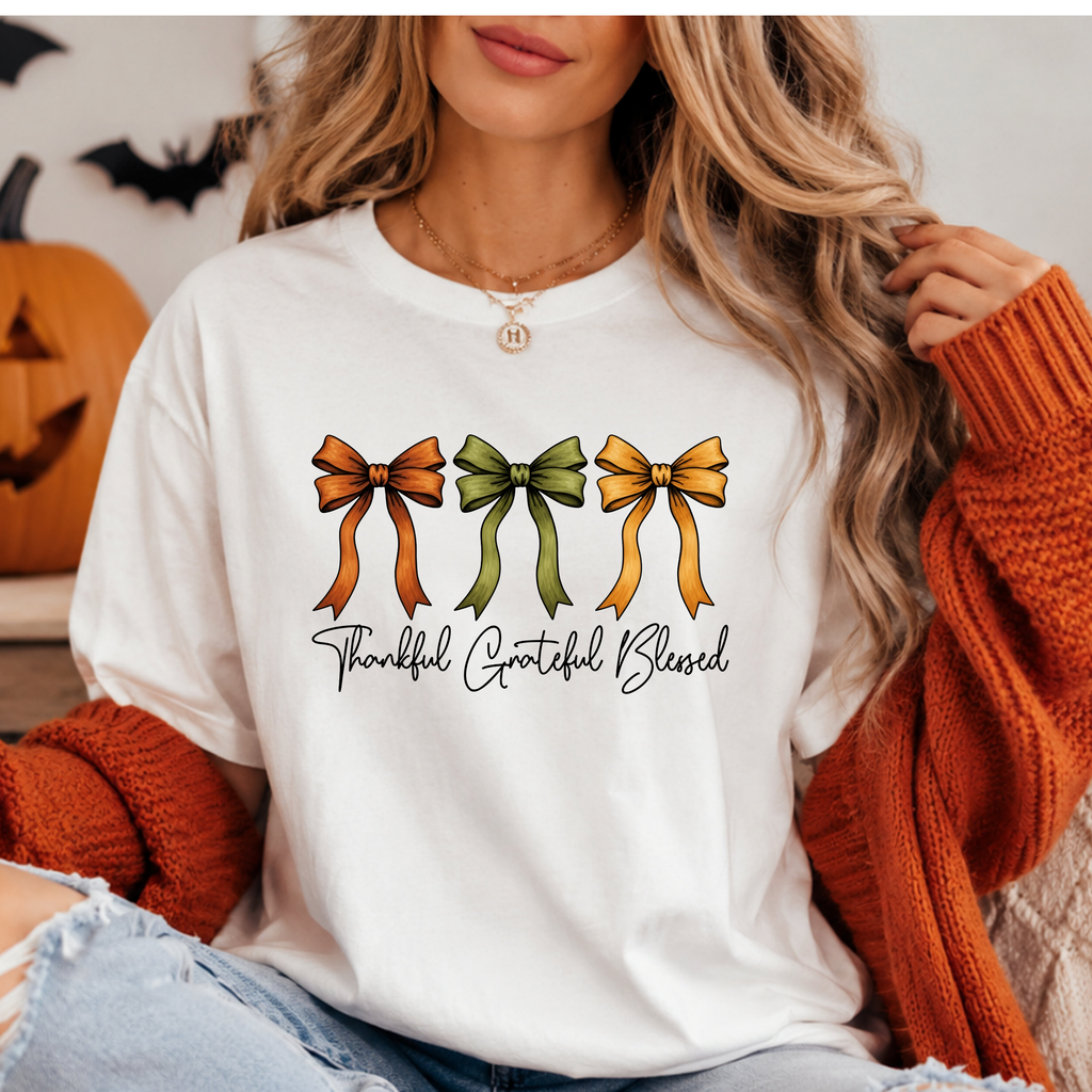 Thanksgiving Shirt-Thankful Grateful Blessed - Coquette Bow Design