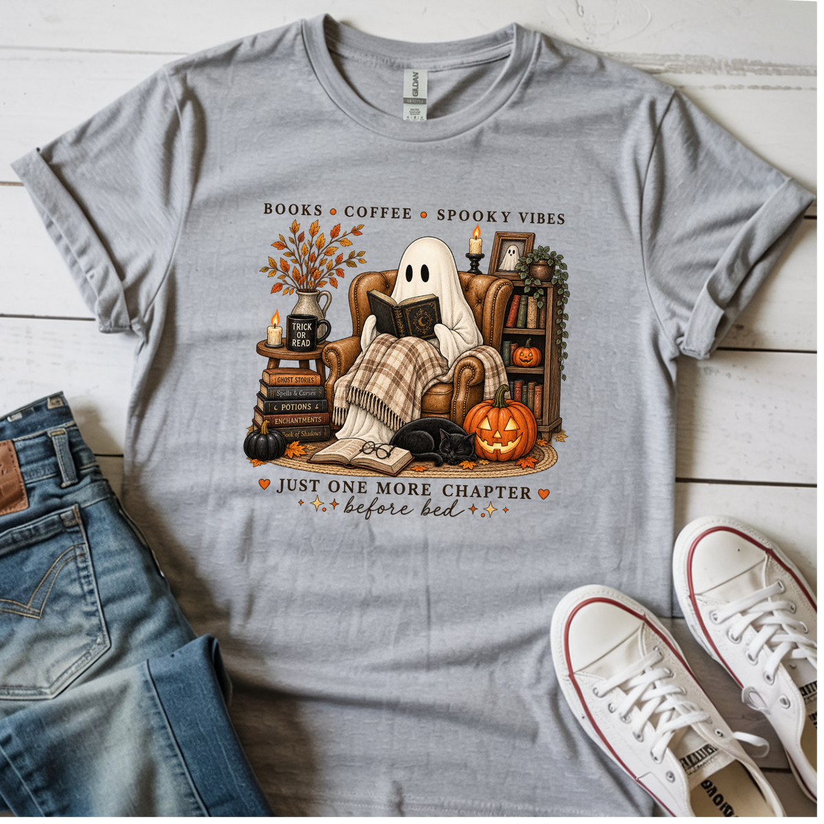 Ghost Reading Book Sweatshirt | Books Coffee Spooky Vibes Shirt | Cozy Ghost Reader Tee