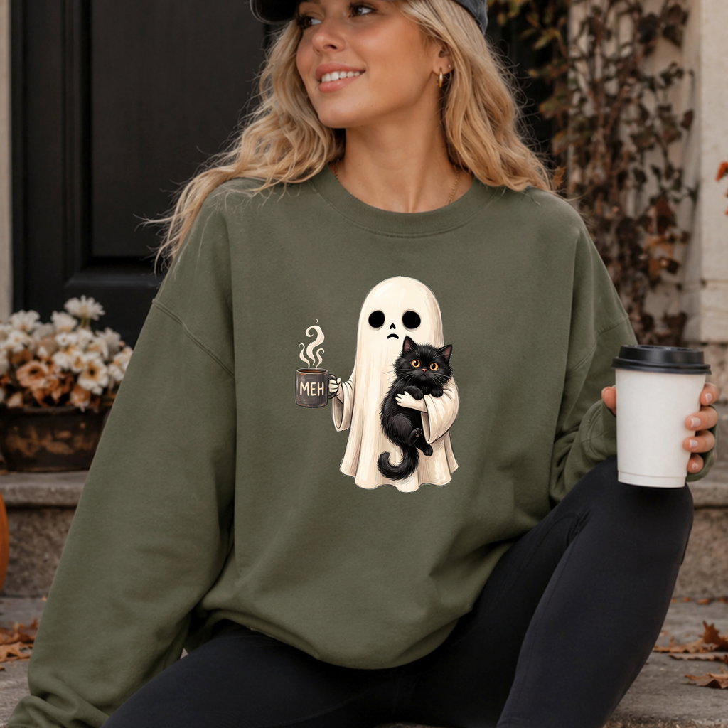 Cute Ghost Hugging Black Cat Shirt – Cozy Halloween Sweatshirt
