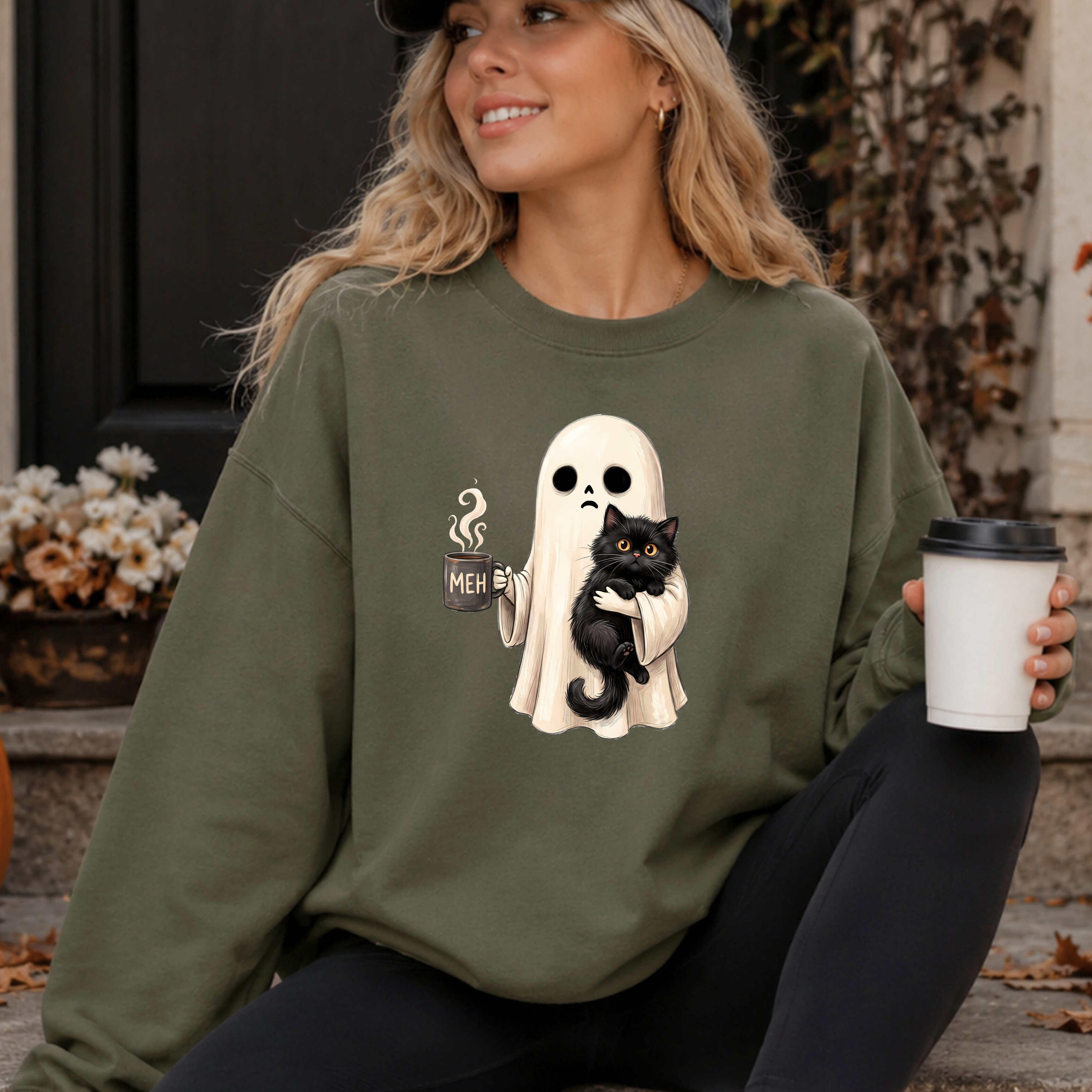 Cute Ghost Hugging Black Cat Shirt – Cozy Halloween Sweatshirt