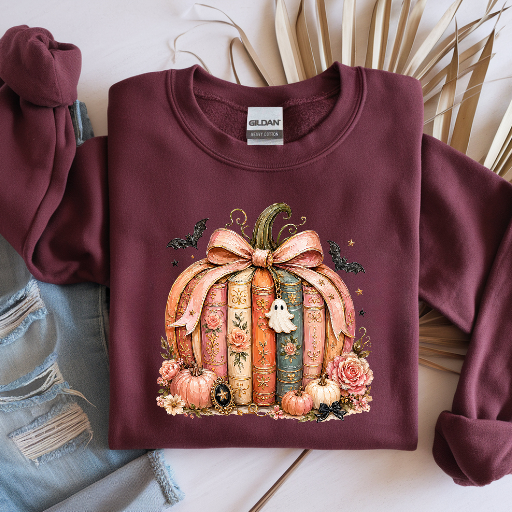 Pumpkin Floral Book Stack Halloween Shirt With Ghost Decoration