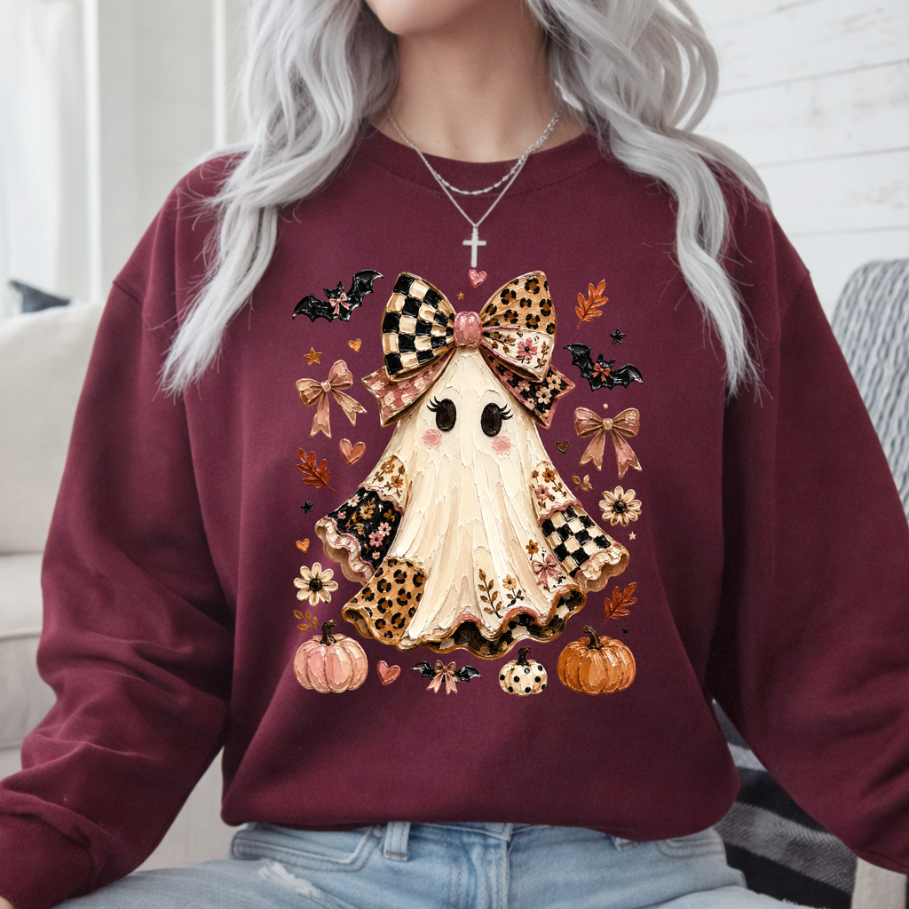 Coquette Halloween Ghost Shirt – Cute Bow & Leopard Fall Graphic Tee