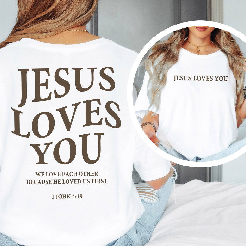 White t-shirt with 'Jesus Loves You' text worn by a person, with a close-up inset.
