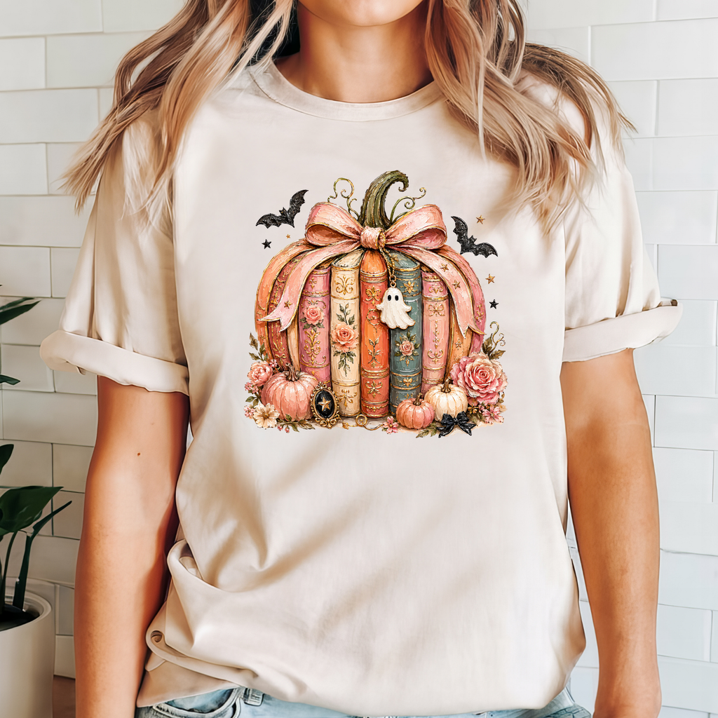 Pumpkin Floral Book Stack Halloween Shirt With Ghost Decoration