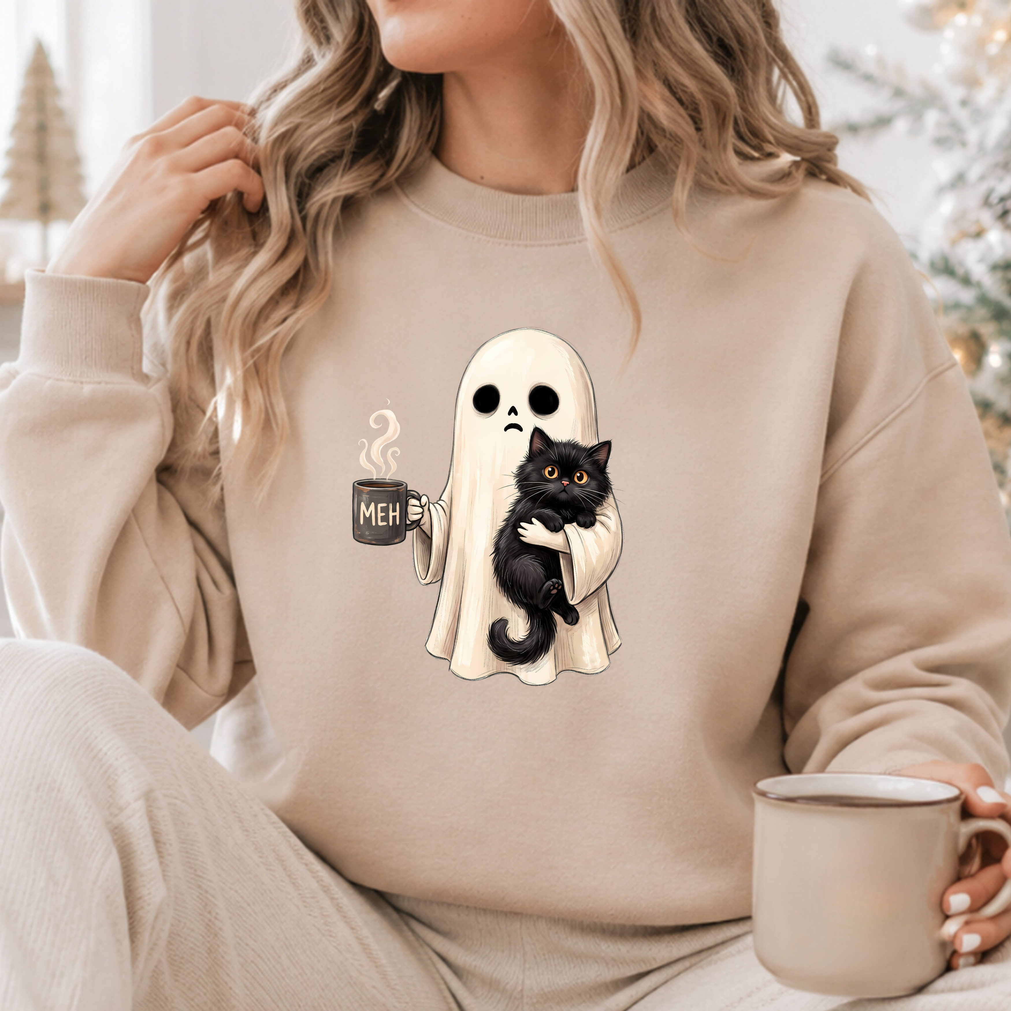 Cute Ghost Hugging Black Cat Shirt – Cozy Halloween Sweatshirt