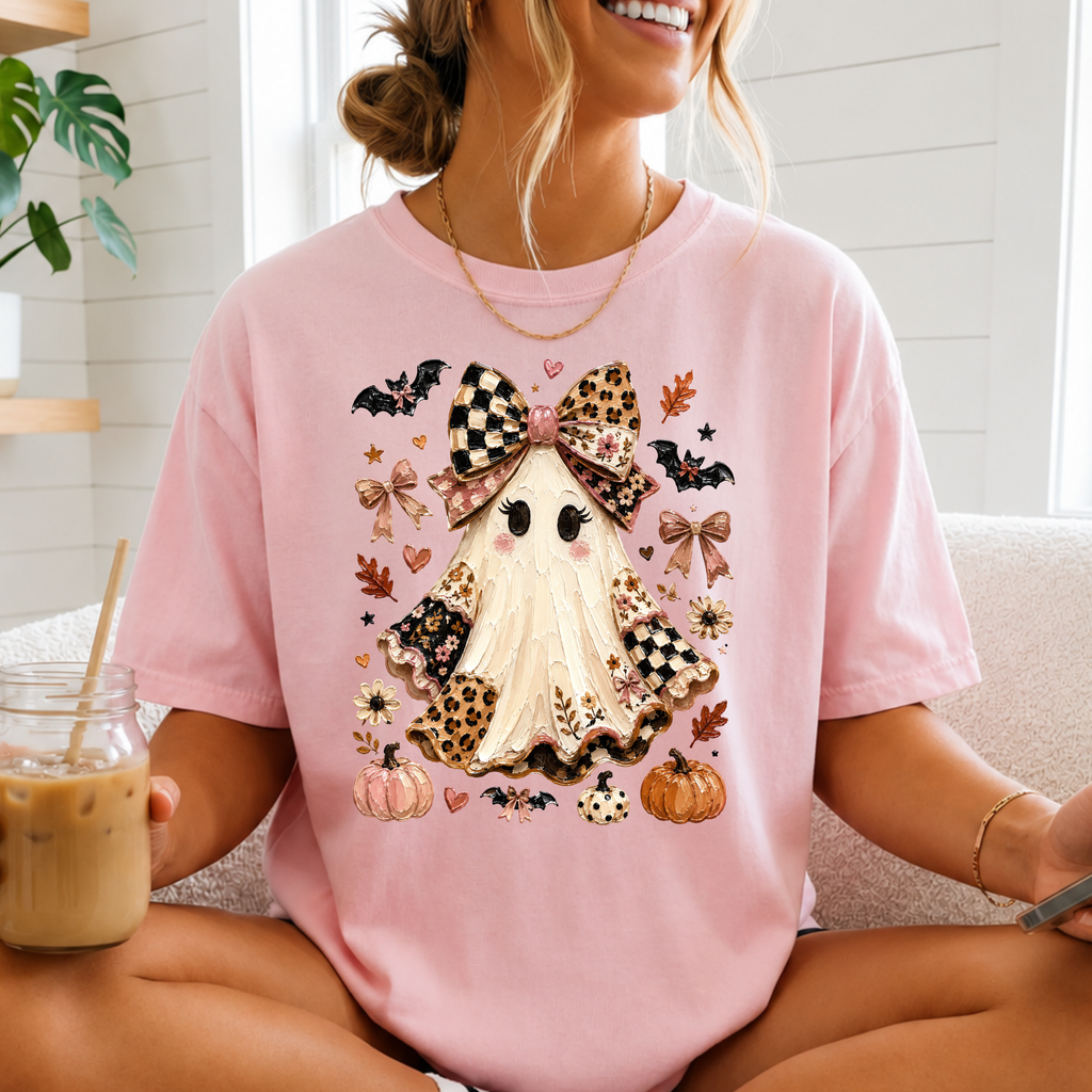 Coquette Halloween Ghost Shirt – Cute Bow & Leopard Fall Graphic Tee