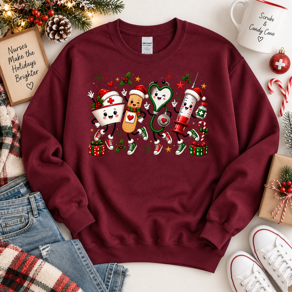 Cute Christmas Nurse Crewneck Sweatshirt, T-shirt with Medical Characters