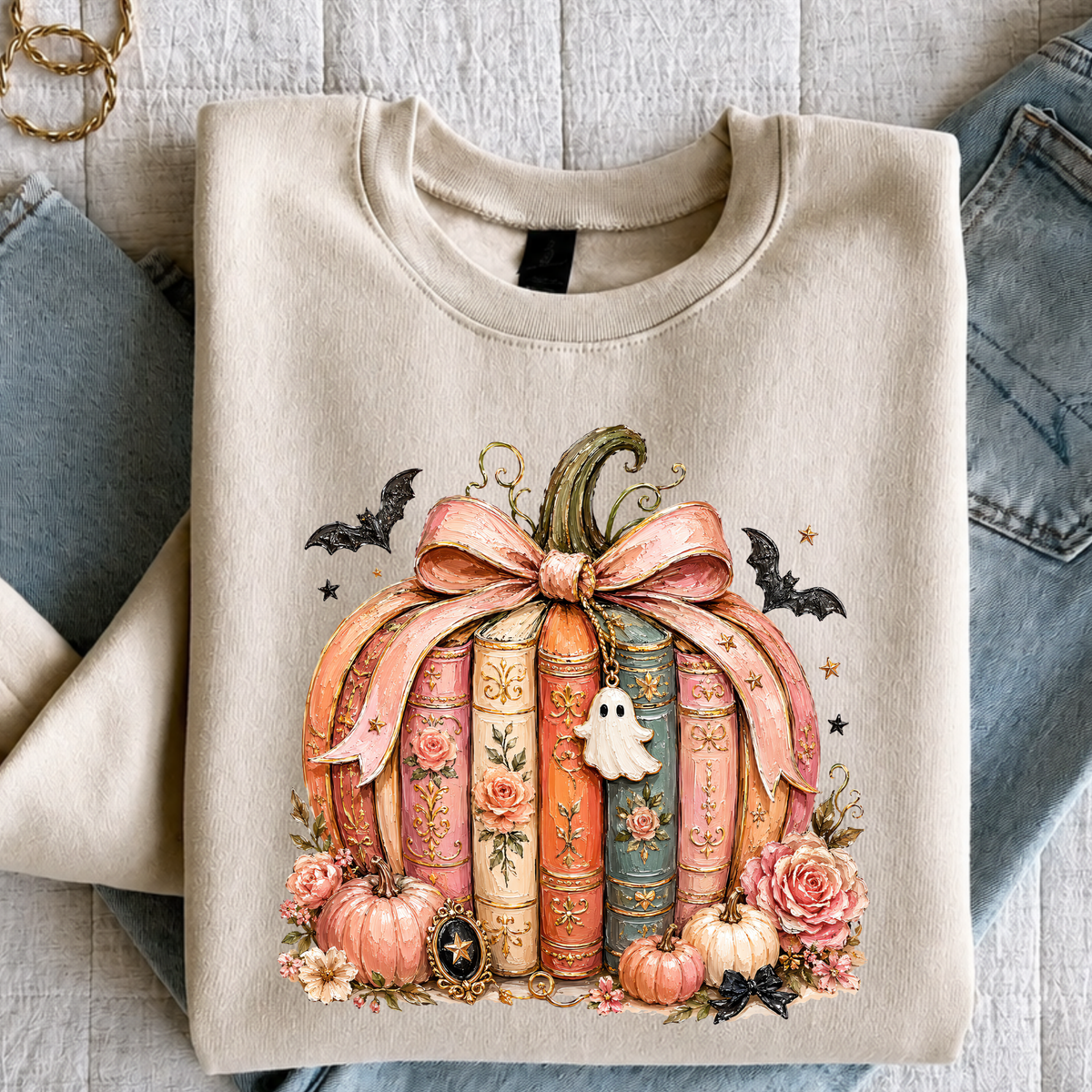 Pumpkin Floral Book Stack Halloween Shirt With Ghost Decoration
