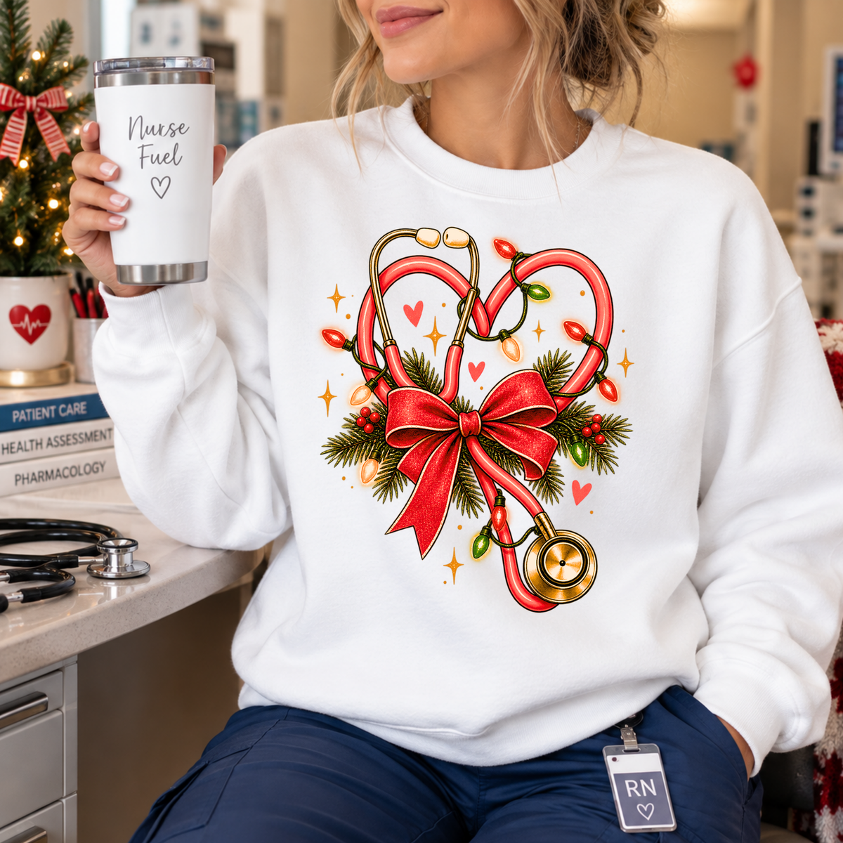 Christmas Nurse Stethoscope Heart Bow Sweatshirt