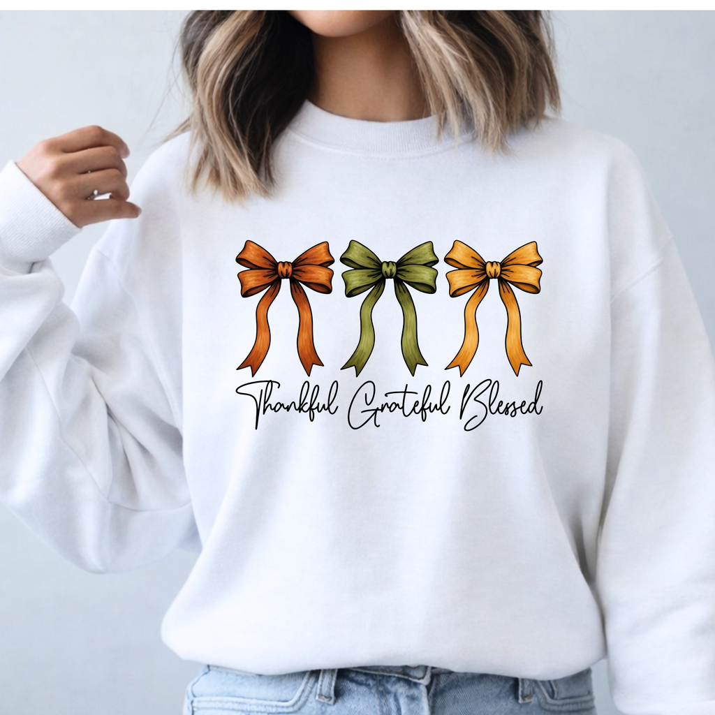 Thanksgiving Shirt-Thankful Grateful Blessed - Coquette Bow Design