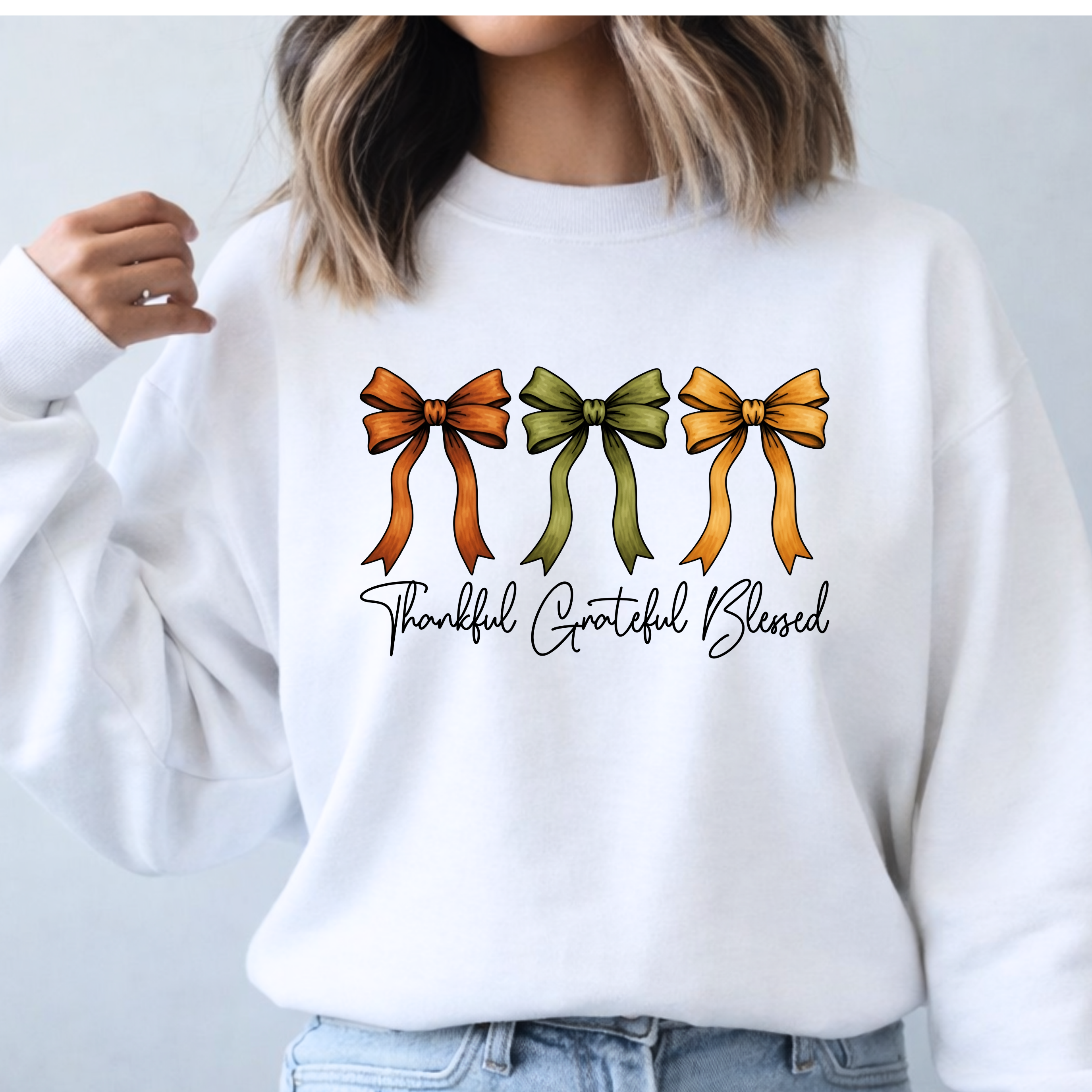 Thanksgiving Shirt-Thankful Grateful Blessed - Coquette Bow Design