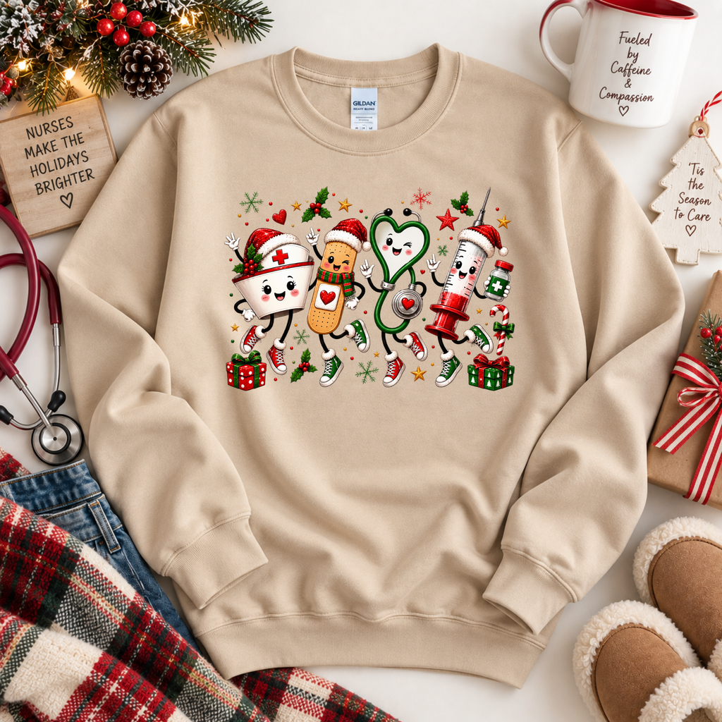 Cute Christmas Nurse Crewneck Sweatshirt, T-shirt with Medical Characters