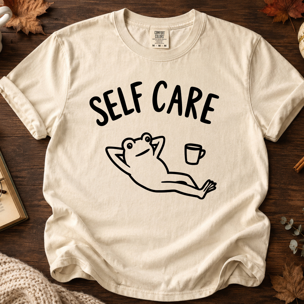 Comfort Colors Self Care Relaxing Frog Coffee Graphic Shirt