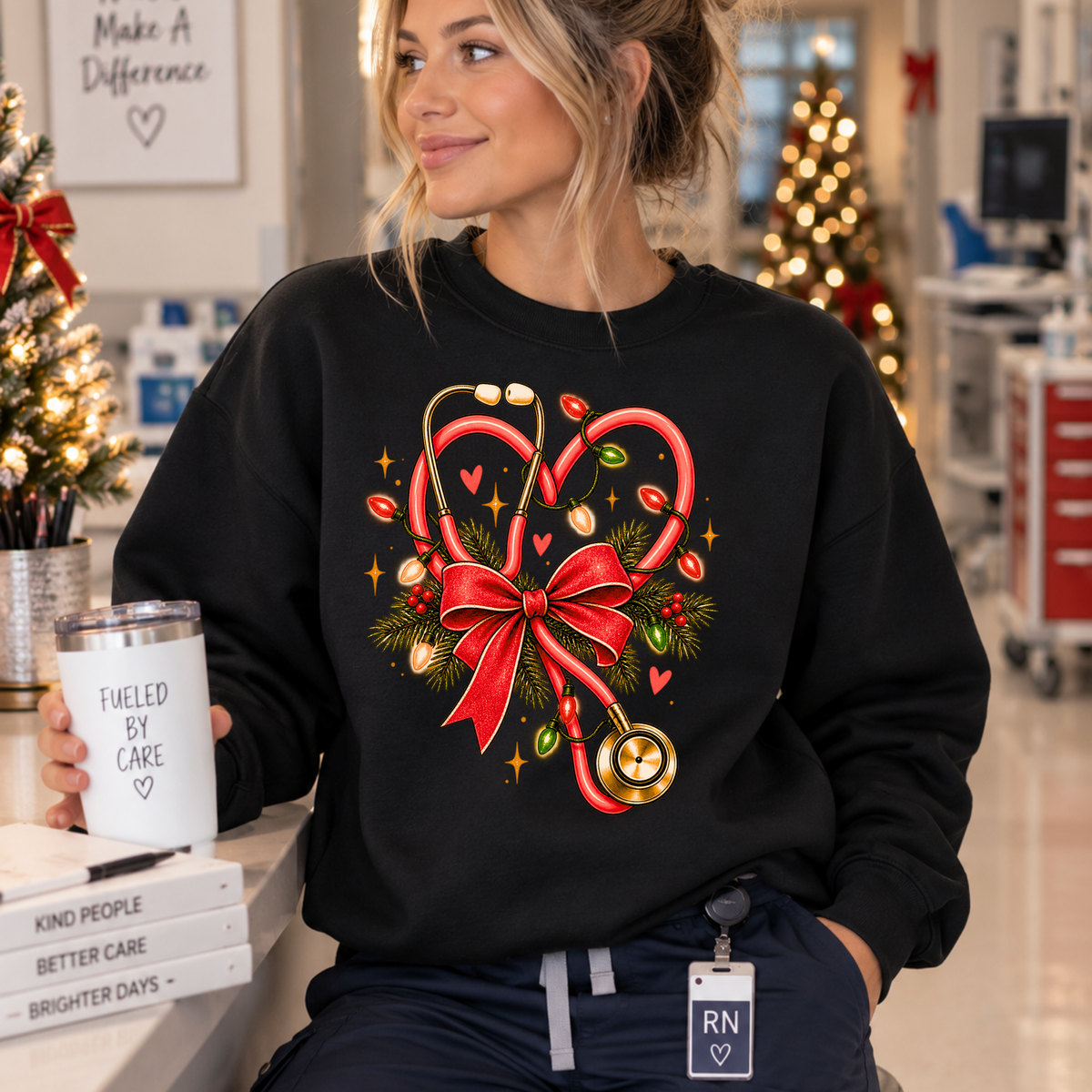 Christmas Nurse Stethoscope Heart Bow Sweatshirt