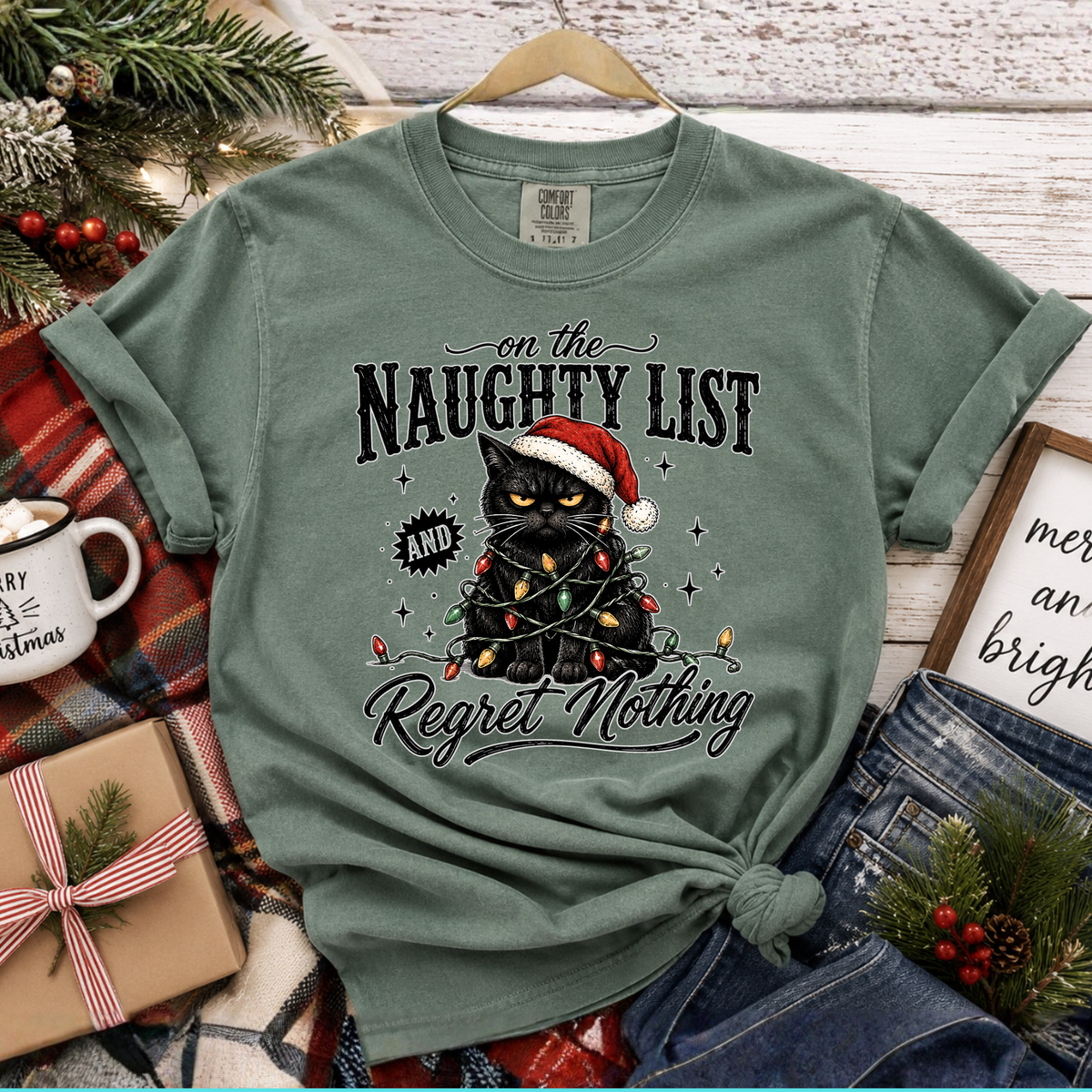 Comfort Colors Funny Naughty List Black Cat Christmas Shirt