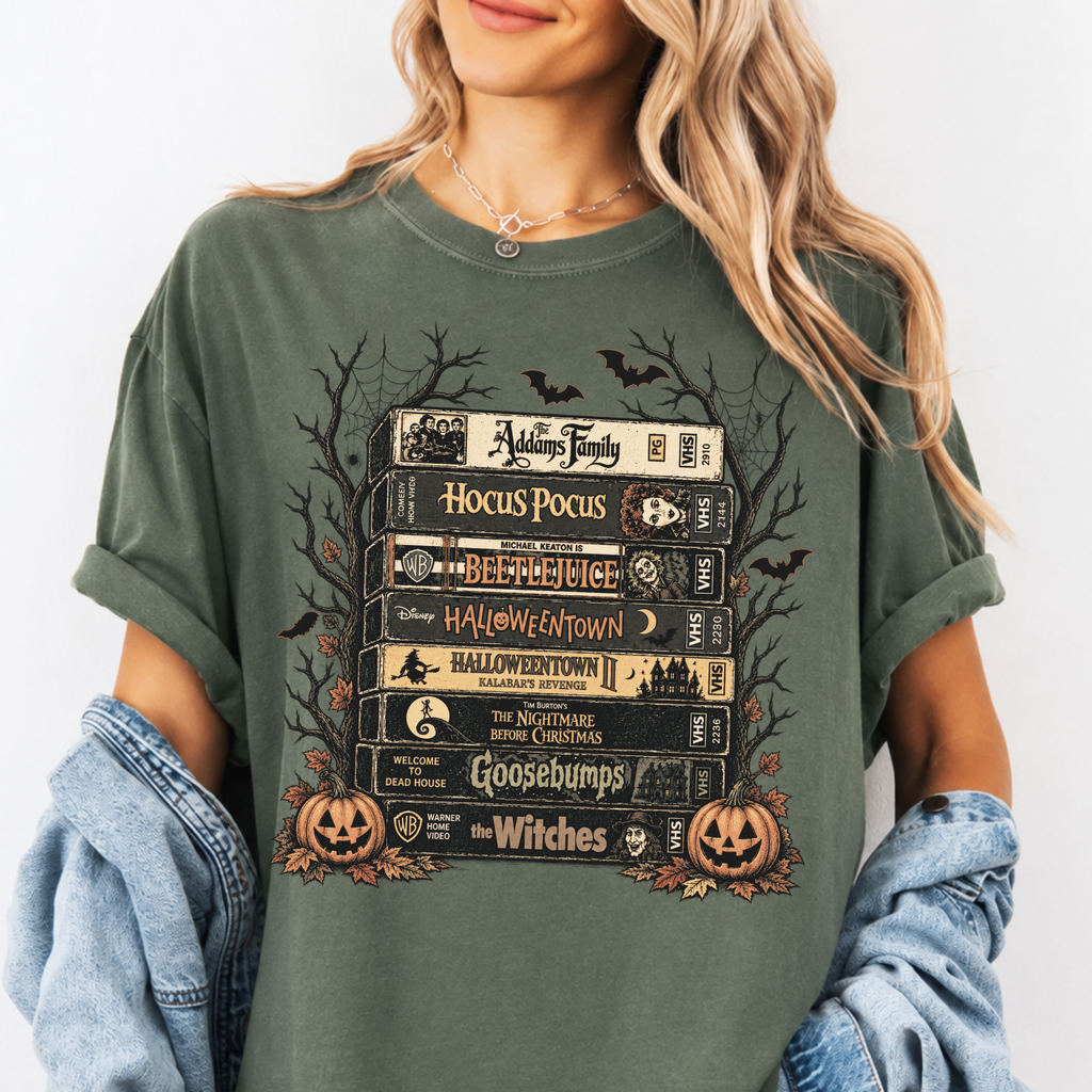 Comfort Colors Vintage Halloween VHS Stack Graphic Tee Shirt