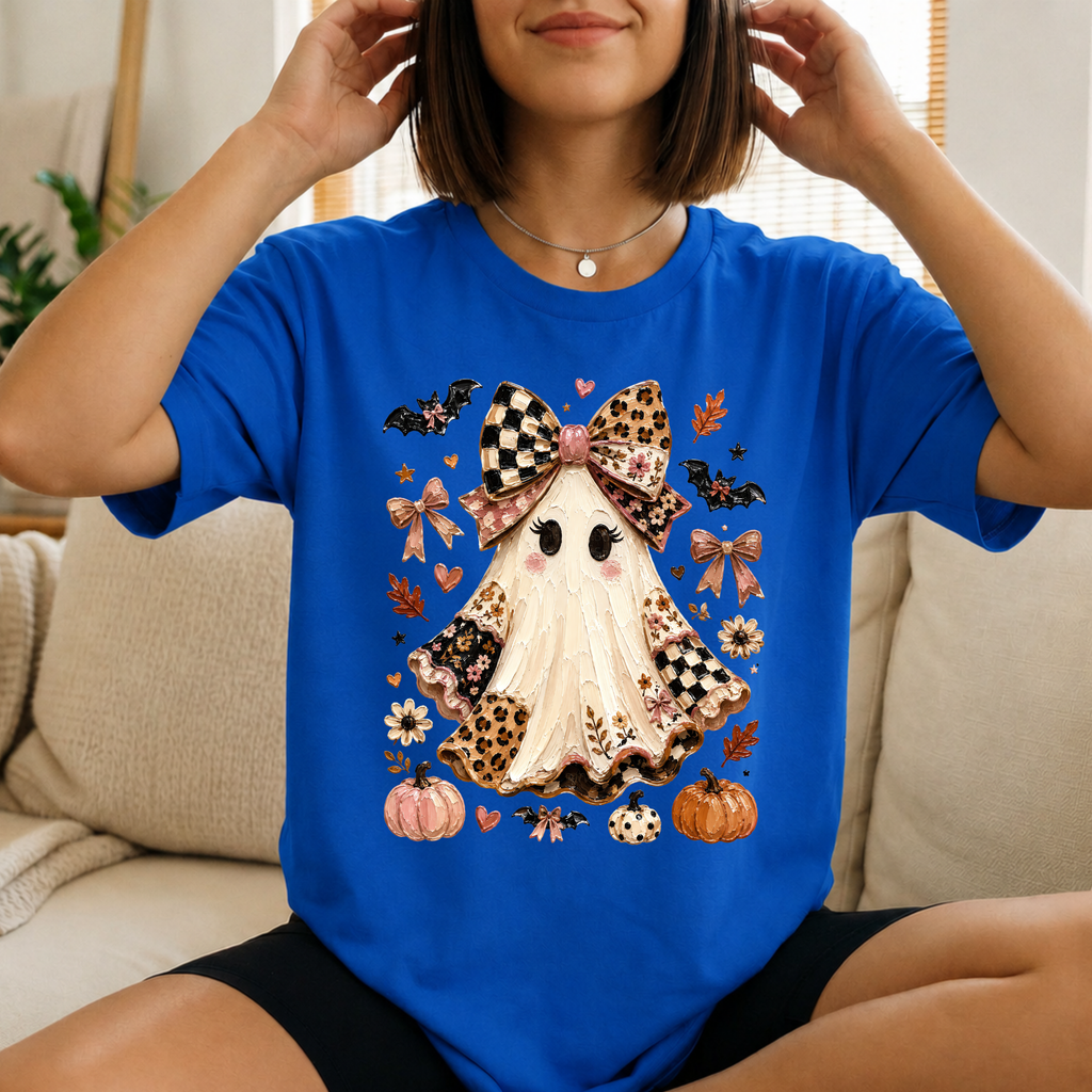 Coquette Halloween Ghost Shirt – Cute Bow & Leopard Fall Graphic Tee