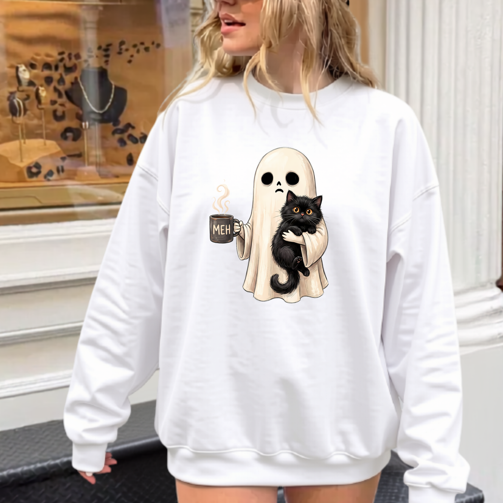 Cute Ghost Hugging Black Cat Shirt – Cozy Halloween Sweatshirt