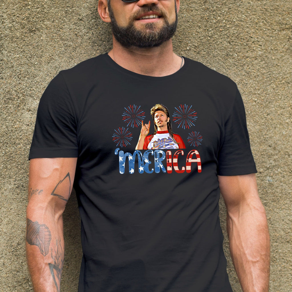 Man wearing a black t-shirt with a graphic design against a textured wall.