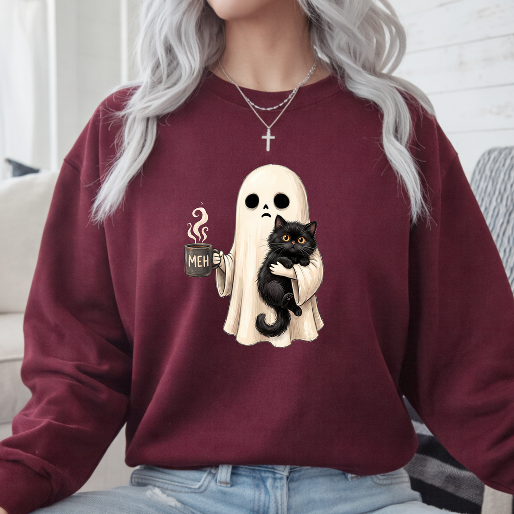 Cute Ghost Hugging Black Cat Shirt – Cozy Halloween Sweatshirt