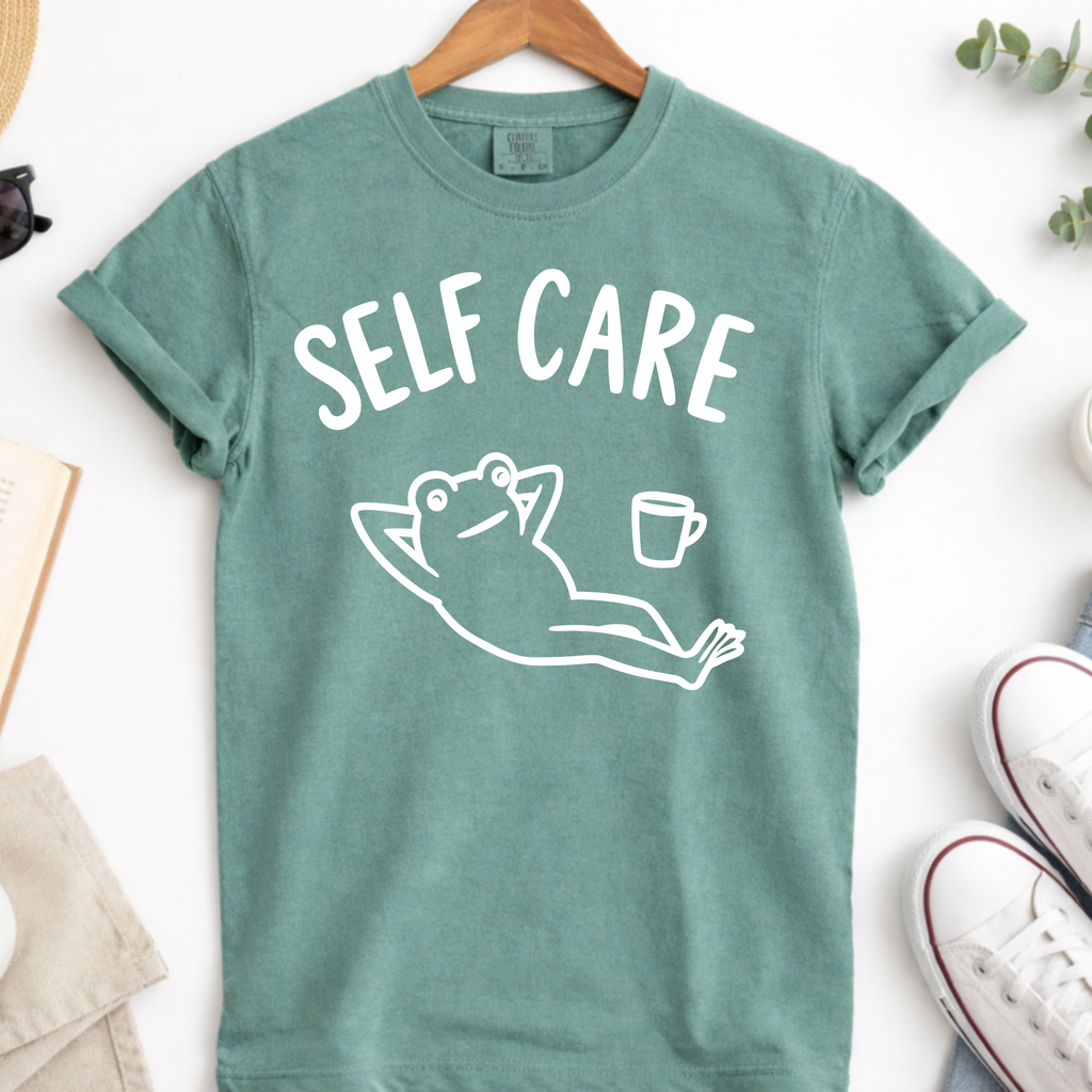 Comfort Colors Self Care Relaxing Frog Coffee Graphic Shirt
