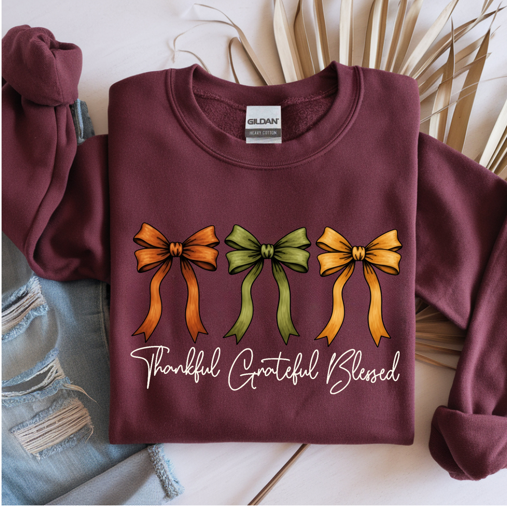 Thanksgiving Shirt-Thankful Grateful Blessed - Coquette Bow Design