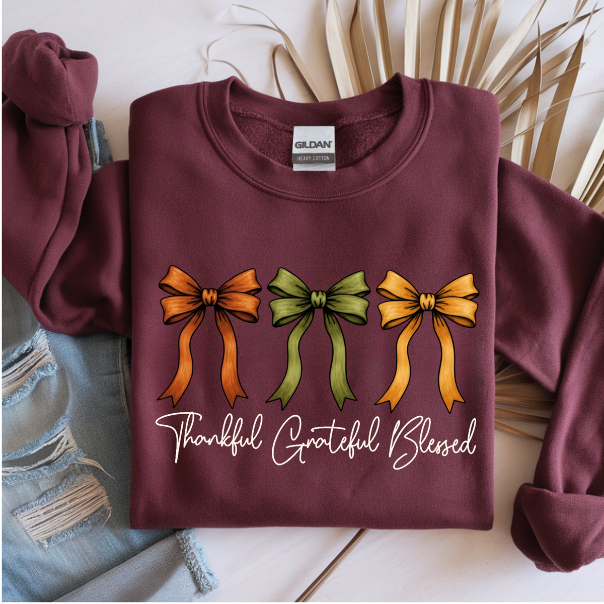 Thanksgiving Shirt-Thankful Grateful Blessed - Coquette Bow Design