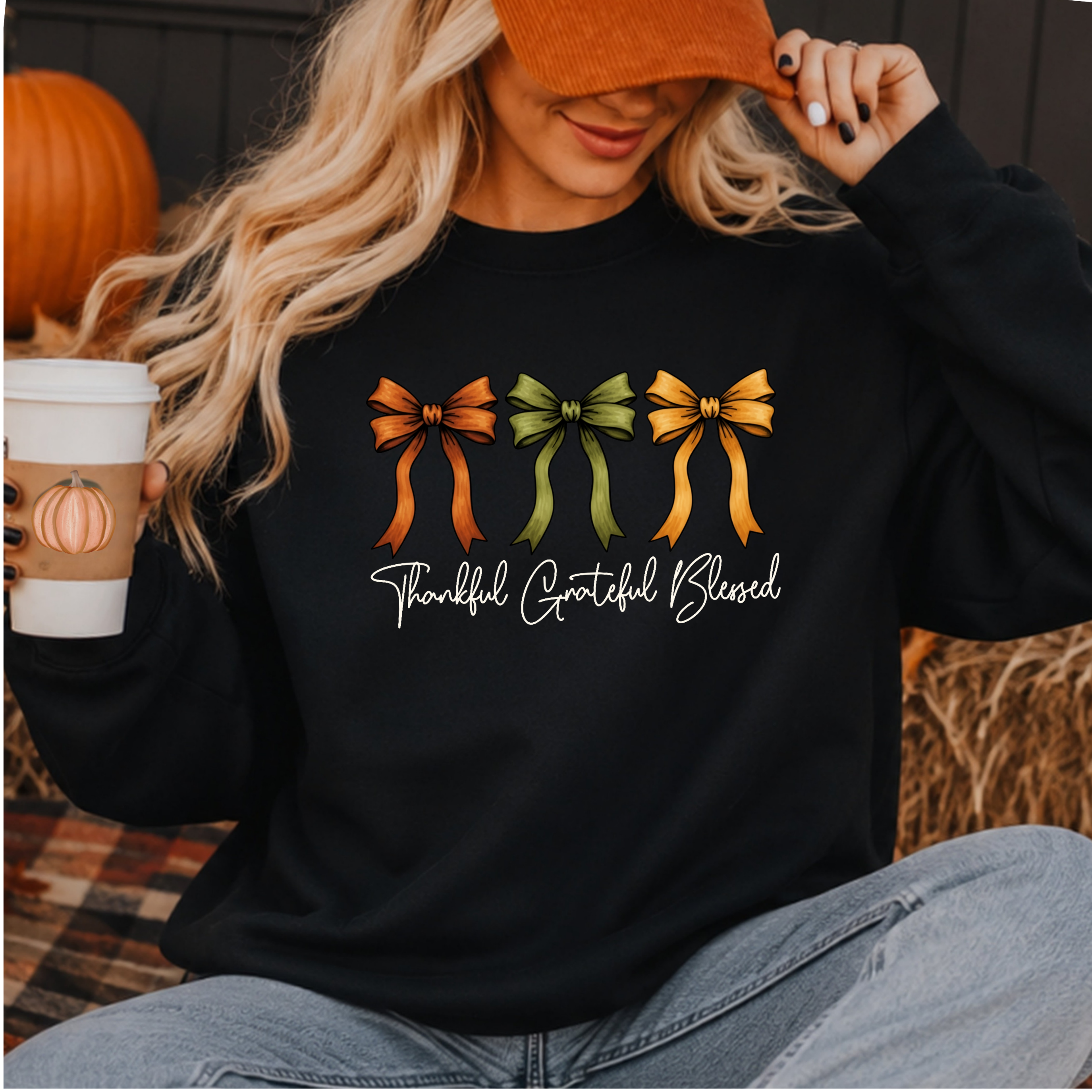 Thanksgiving Shirt-Thankful Grateful Blessed - Coquette Bow Design
