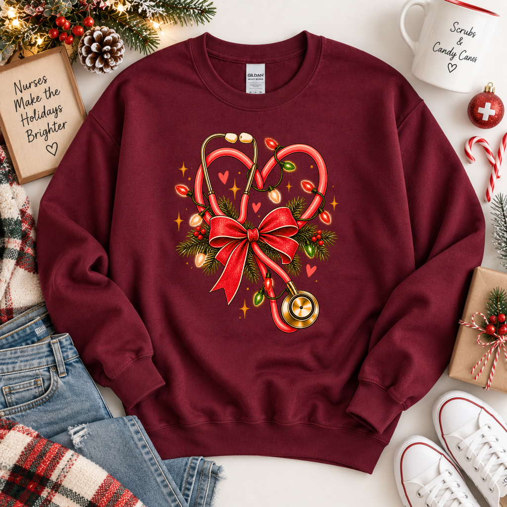 Christmas Nurse Stethoscope Heart Bow Sweatshirt