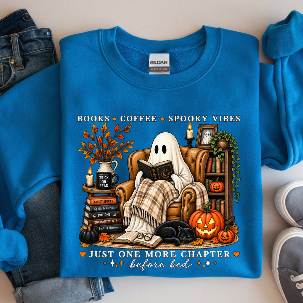 Ghost Reading Book Sweatshirt | Books Coffee Spooky Vibes Shirt | Cozy Ghost Reader Tee