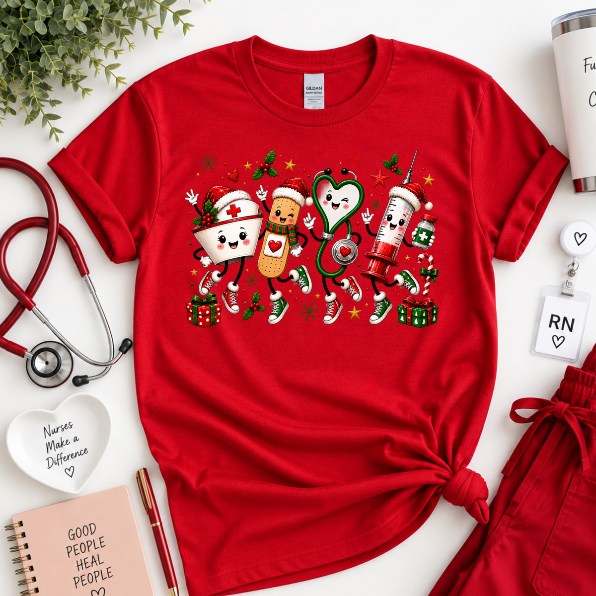 Cute Christmas Nurse Crewneck Sweatshirt, T-shirt with Medical Characters