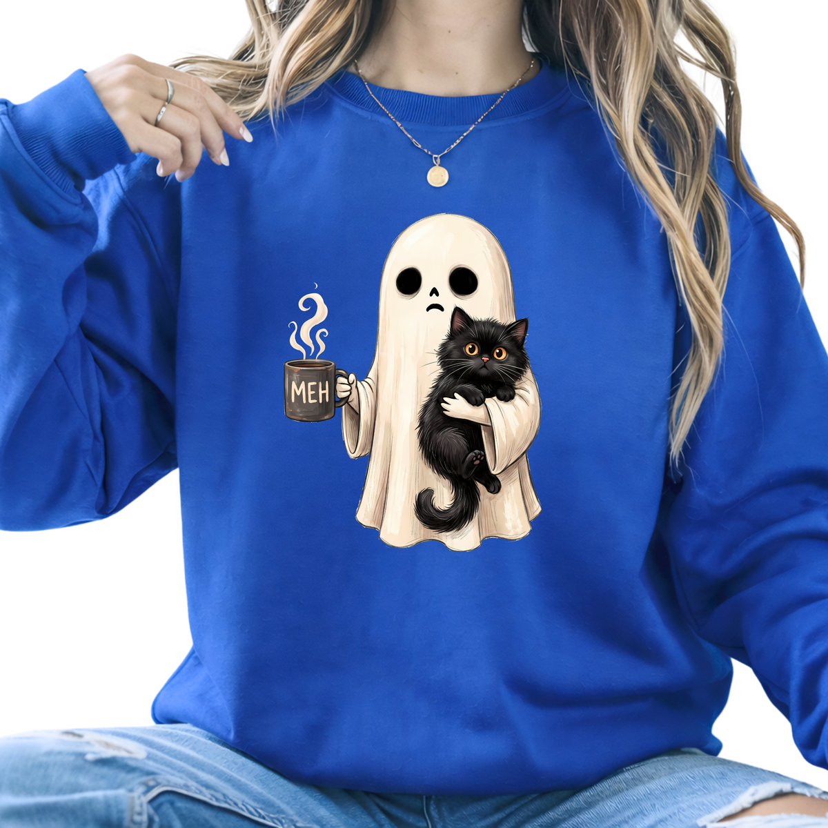 Cute Ghost Hugging Black Cat Shirt – Cozy Halloween Sweatshirt